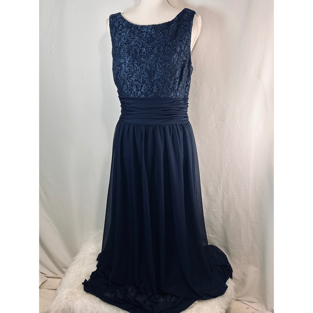 JH Evenings Navy Blue Lace Glitter Bodice Ruched‎ Waist Chiffon Formal Gown 16